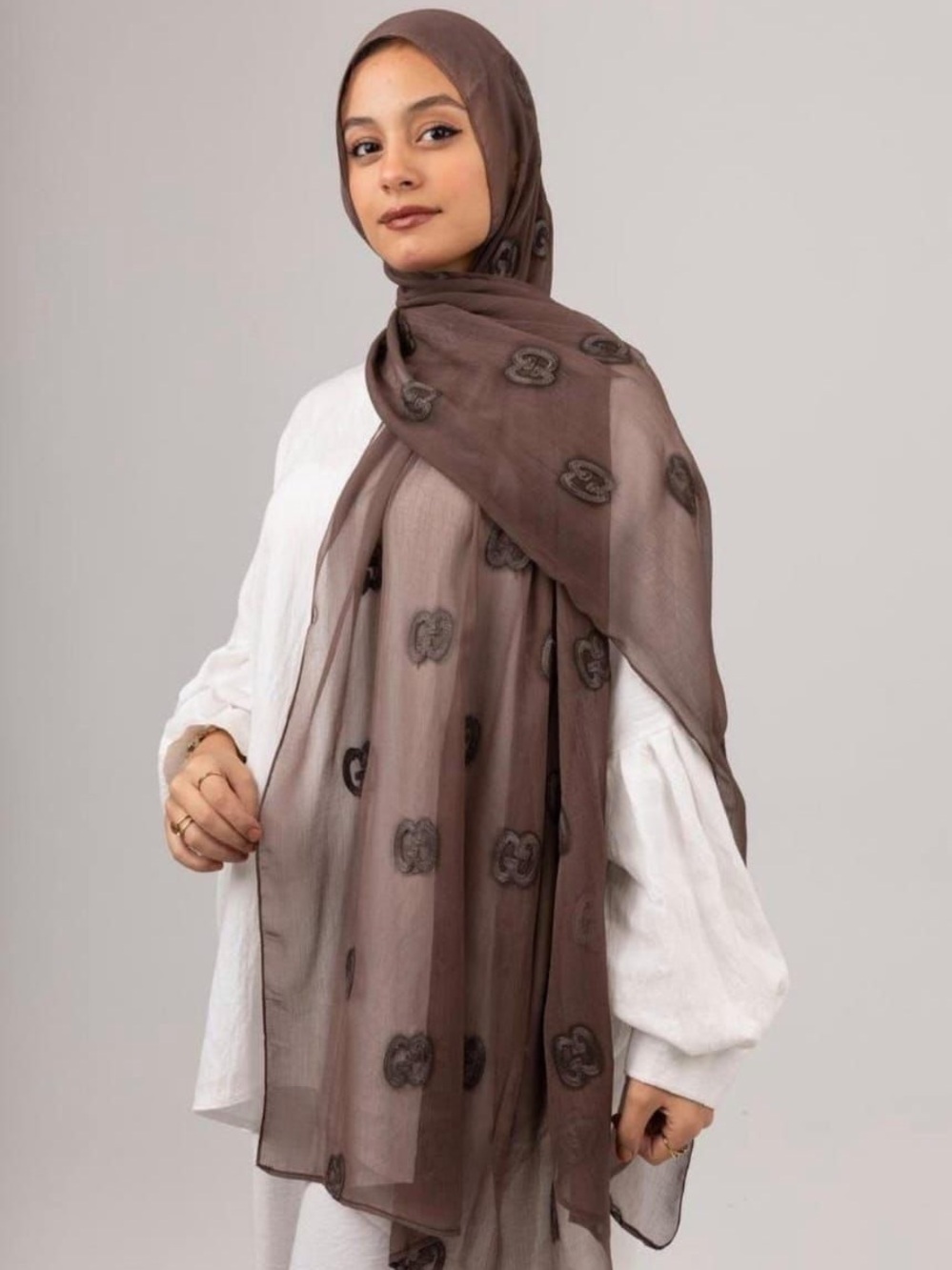Elegant Brown Embroidered Lightweight Hijab Scarf